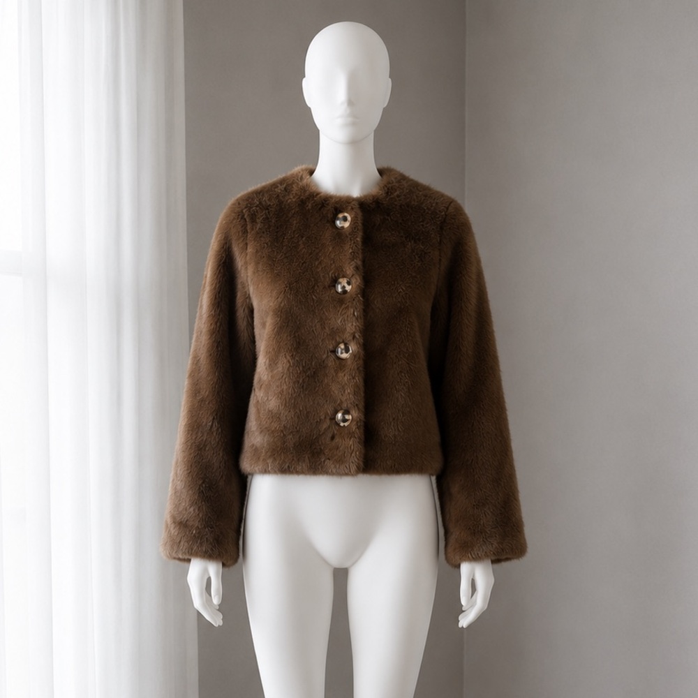 Brown Faux Fur TEDDY collarless Buttoned Women’s jacket XS